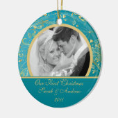 Eerste kerstfoto: Gold Floral Blue Keramisch Ornament (Links)