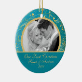 Eerste kerstfoto: Gold Floral Blue Keramisch Ornament (Rechts)