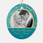 Eerste kerstfoto: Gold Floral Blue Keramisch Ornament (Links)