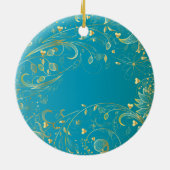 Eerste kerstfoto: Gold Floral Blue Keramisch Ornament (Achterkant)