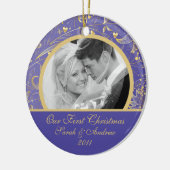 Eerste kerstfoto: Gold Floral Paars Keramisch Ornament (Links)