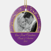 Eerste kerstfoto: Gold Floral Paars Keramisch Ornament (Rechts)