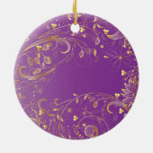 Eerste kerstfoto: Gold Floral Paars Keramisch Ornament (Achterkant)
