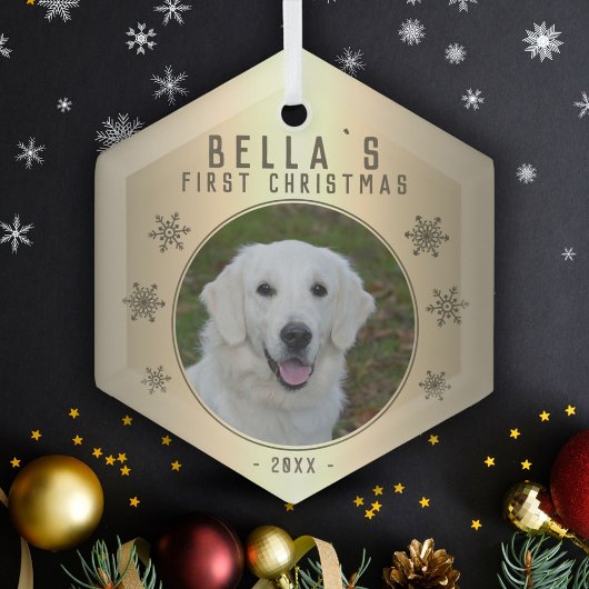 Eerste kerstfoto Golden Snowflake Dog Glas Ornament