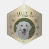 Eerste kerstfoto Golden Snowflake Dog Glas Ornament (Voorkant)