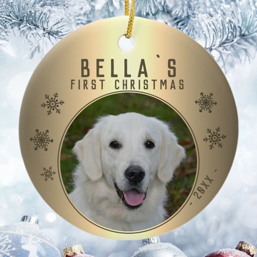 Eerste kerstfoto Golden Snowflake Puppy Keramisch Ornament