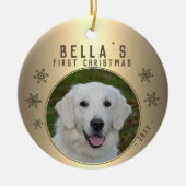 Eerste kerstfoto Golden Snowflake Puppy Keramisch Ornament (Voorkant)