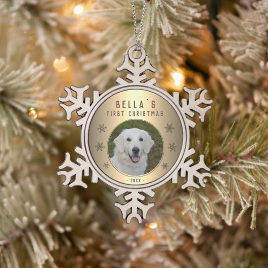 Eerste kerstfoto Golden Snowflake Puppy Tin Sneeuwvlok Ornament (Boom)