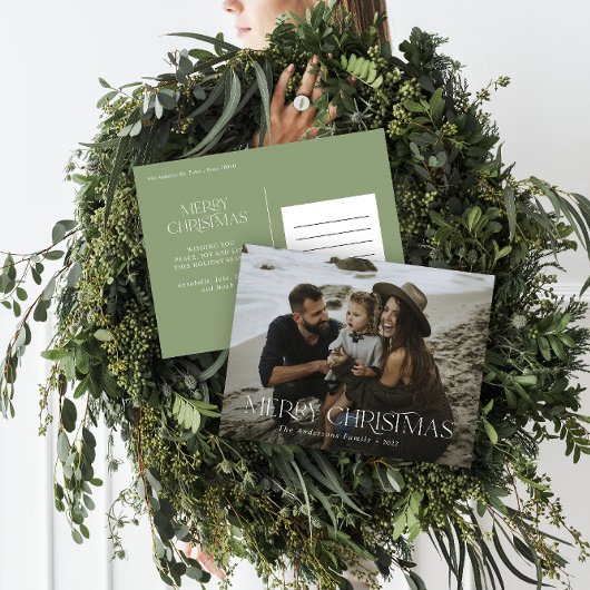 Eerste kerstfoto groene moderne typografie briefkaart