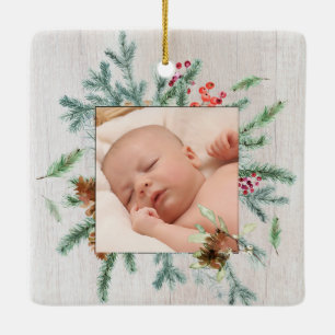 Eerste kerstfoto Grootouders Winter Greenery Foto Keramisch Ornament