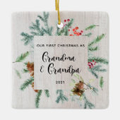 Eerste kerstfoto Grootouders Winter Greenery Foto Keramisch Ornament (Voorkant)