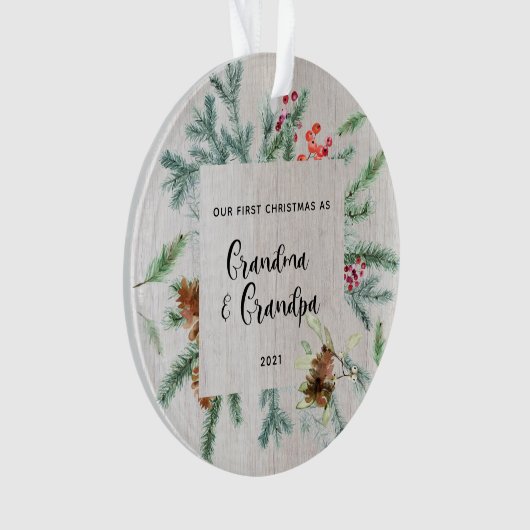 Eerste kerstfoto Grootouders Winter Greenery Foto Ornament (voorkant)