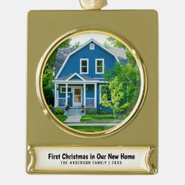Eerste kerstfoto in ons nieuwe huis verguld banner ornament