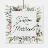 Eerste kerstfoto is het seizoen om te trouwen keramisch ornament (Achterkant)