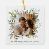 Eerste kerstfoto is het seizoen om te trouwen keramisch ornament (Voorkant)