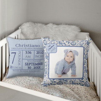 Eerste kerstfoto jongen blauwe toile-kussen kussen