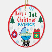 Eerste kerstfoto Jongen in het blauw Naam Keramisch Ornament (Links)