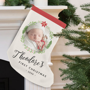 Eerste kerstfoto krans naam van de baby kleine kerstsok