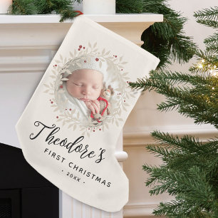 Eerste kerstfoto krans naam voor baby kleine kerstsok