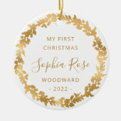 Eerste kerstfoto met Baby Gold Wreate Keramisch Ornament (Voorkant)