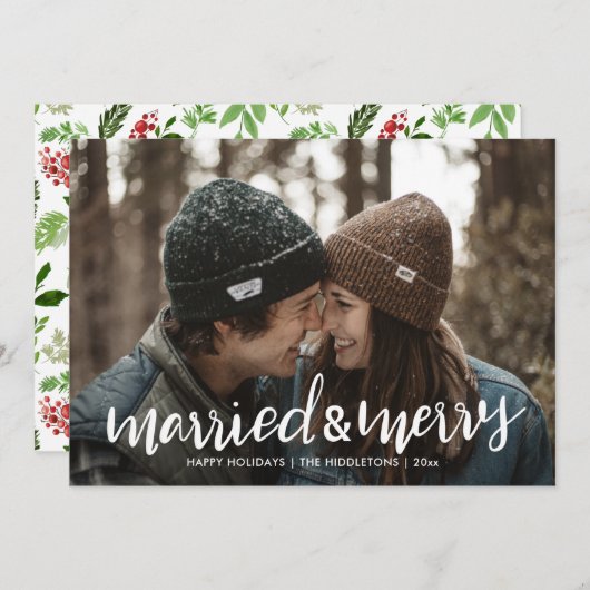 Eerste kerstfoto met gehuwd en verrukt script feestdagenkaart (Voorkant / Achterkant)