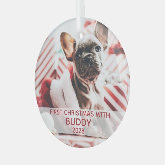 Eerste kerstfoto met hond en naam schattig glas ornament (Voorkant links)