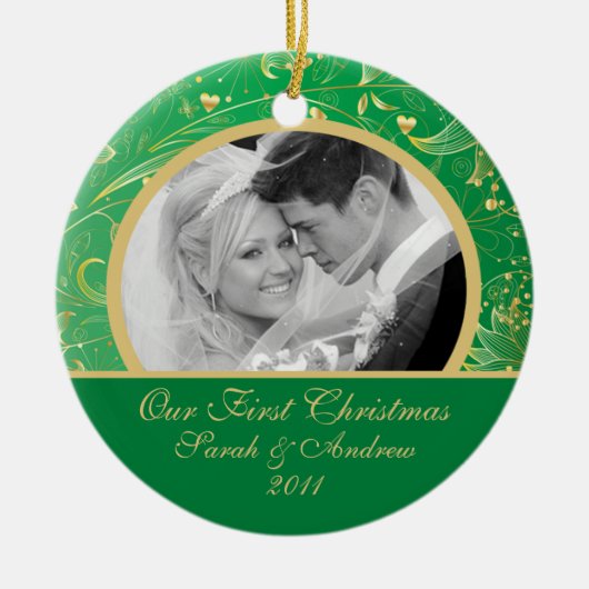 Eerste kerstfoto met ornament Gold Floral Green (Voorkant)
