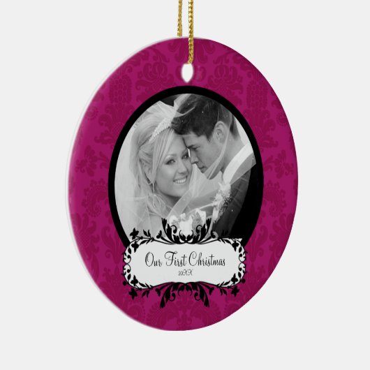 Eerste kerstfoto met ornament Pink Damask (Rechts)