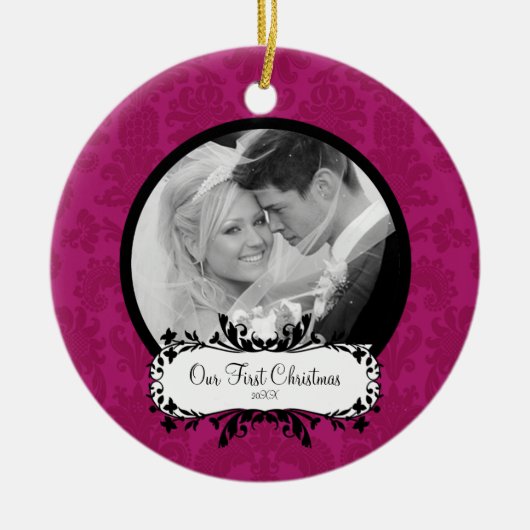 Eerste kerstfoto met ornament Pink Damask (Voorkant)