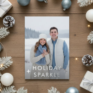 Eerste kerstfoto met verloofde blauw folie feestdagenkaart