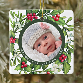 Eerste kerstfoto Mistletoe WreatCustom Baby Photo Keramisch Ornament