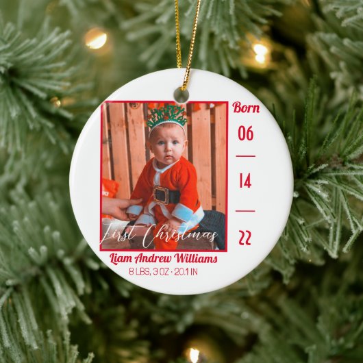 Eerste kerstfoto Modern Baby Birth Stats Keramisch Ornament (Boom)