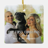 Eerste kerstfoto Modern script bruiloft foto Keramisch Ornament (Voorkant)