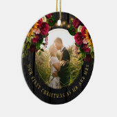 Eerste kerstfoto Mr en Mrs floral rustic Keramisch Ornament (Rechts)