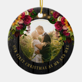 Eerste kerstfoto Mr en Mrs floral rustic Keramisch Ornament