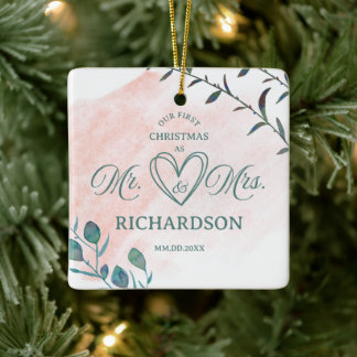 Eerste kerstfoto Mr en Mrs pasgetrouwd script Keramisch Ornament