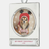 Eerste kerstfoto Naam Foto Snowflakes Verzilverd Banner Ornament (Links)