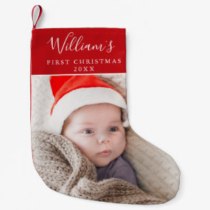 Eerste kerstfoto naam van de baby kleine kerstsok