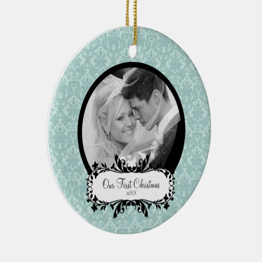 Eerste kerstfoto: Ornament Blue Damask (Rechts)