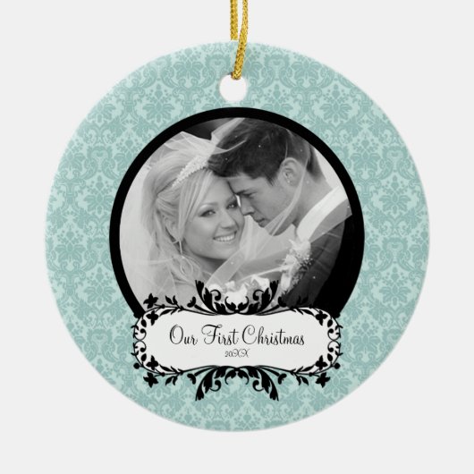 Eerste kerstfoto: Ornament Blue Damask (Voorkant)