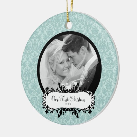 Eerste kerstfoto: Ornament Blue Damask (Links)