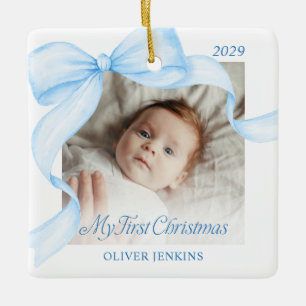 Eerste kerstfoto-ornament met strik keramisch ornament