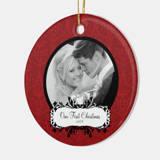 Eerste Kerstfoto Ornament Red Damask (Links)