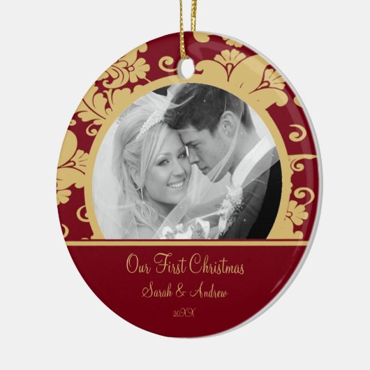 Eerste kerstfoto: Ornament Red & Gold Damask (Links)