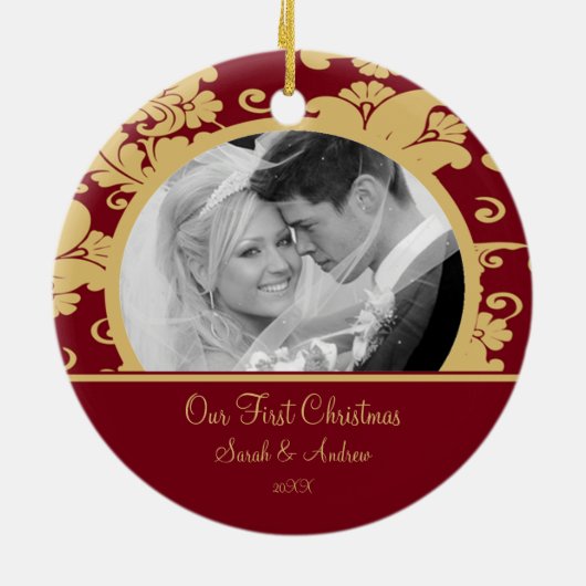 Eerste kerstfoto: Ornament Red & Gold Damask (Achterkant)