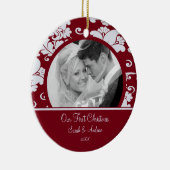 Eerste kerstfoto: Ornament Red & Grey Damask (Rechts)