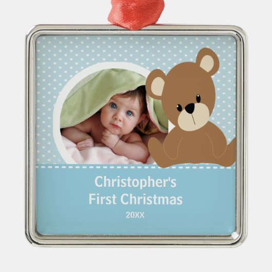 Eerste Kerstfoto Ornament Schattige Baby Beer Boy (Voorkant)