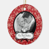 Eerste kerstfoto-ornament Snowflakes Red Keramisch Ornament (Links)
