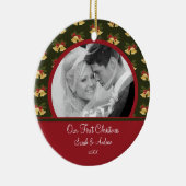 Eerste kerstfoto-ornament Weddenschap Gold Bells Keramisch Ornament (Rechts)