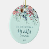 Eerste kerstfoto Pas getrouwd Mint-Kerstmis Keramisch Ornament (Rechts)